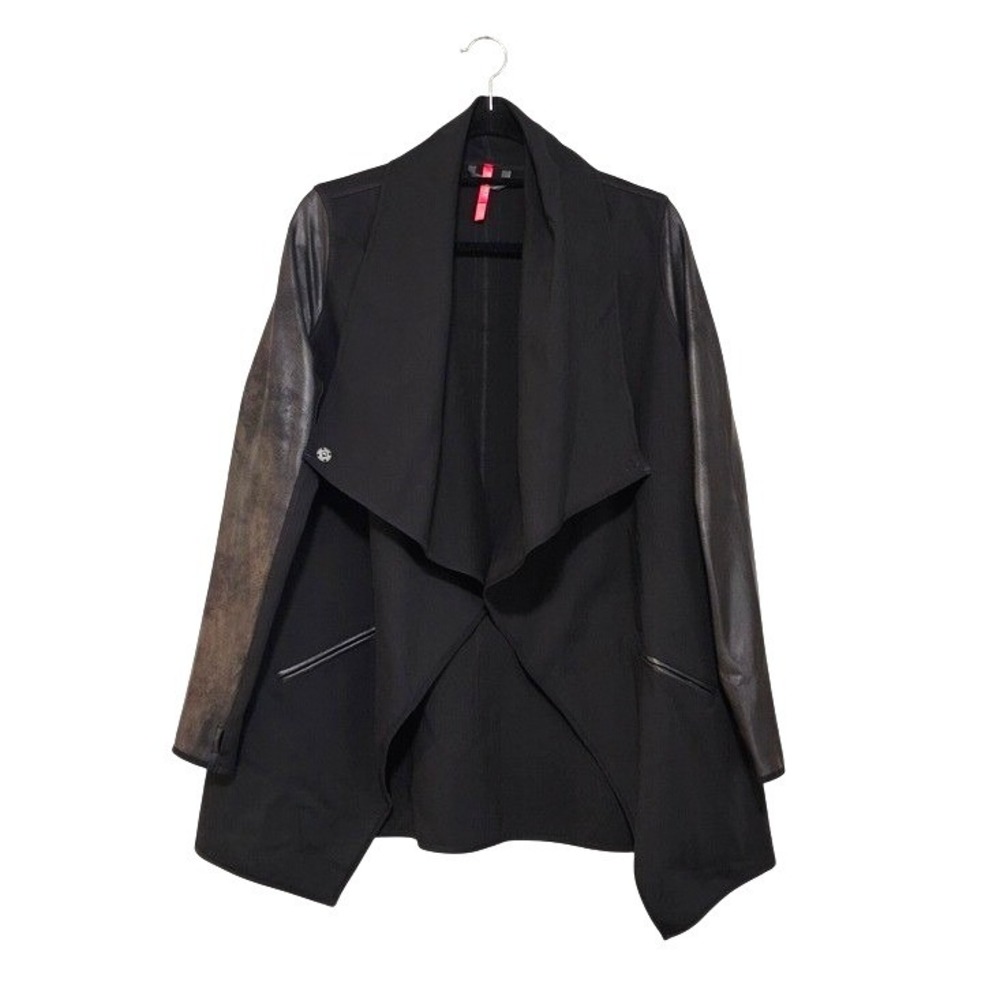 Spanx Drape Front Jacket M Black Faux Leather Sleeve Moto Edgy Stretch Layer ~